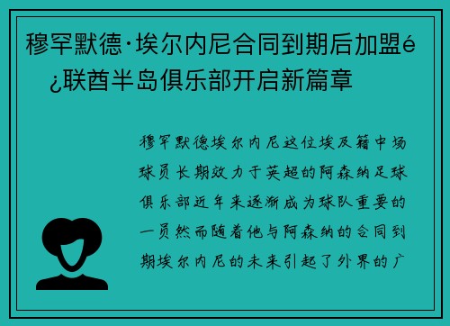 穆罕默德·埃尔内尼合同到期后加盟阿联酋半岛俱乐部开启新篇章 穆罕默德·埃尔内尼合同到期后加盟阿联酋半岛俱乐部开启新篇章