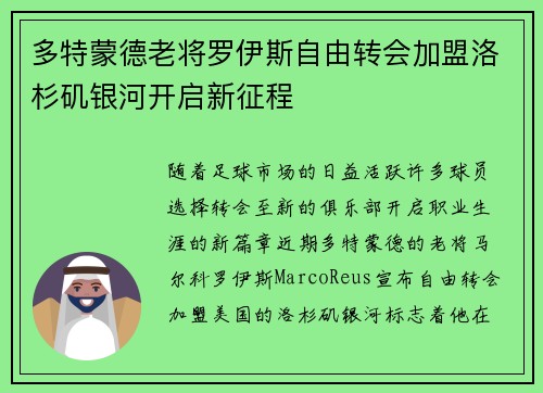 多特蒙德老将罗伊斯自由转会加盟洛杉矶银河开启新征程 多特蒙德老将罗伊斯自由转会加盟洛杉矶银河开启新征程