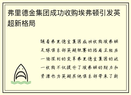 弗里德金集团成功收购埃弗顿引发英超新格局